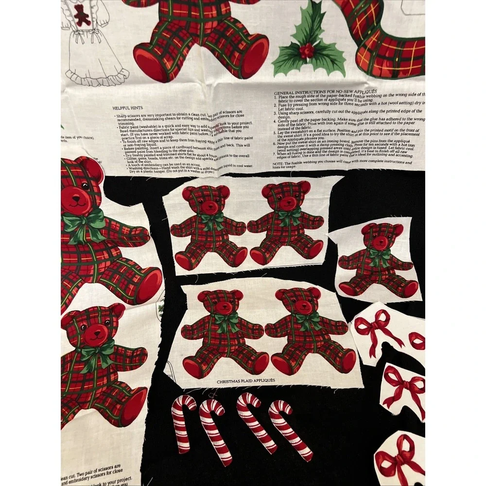 Vintage Christmas Red Plaid Teddy Bear Bows Applique Fabric Panel Cranston